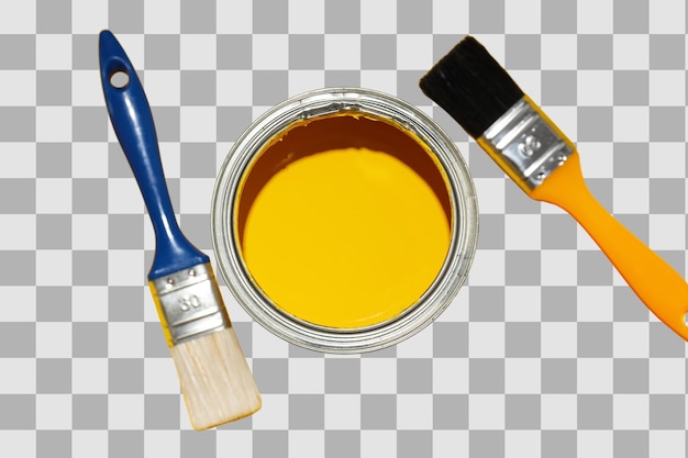 yellow paint jar with blue and orange brushes isolated on white png