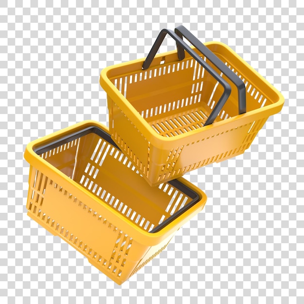 Желтые пластиковые корзины для покупок из супермаркета на белом фоне Концепция онлайн-покупок 3D