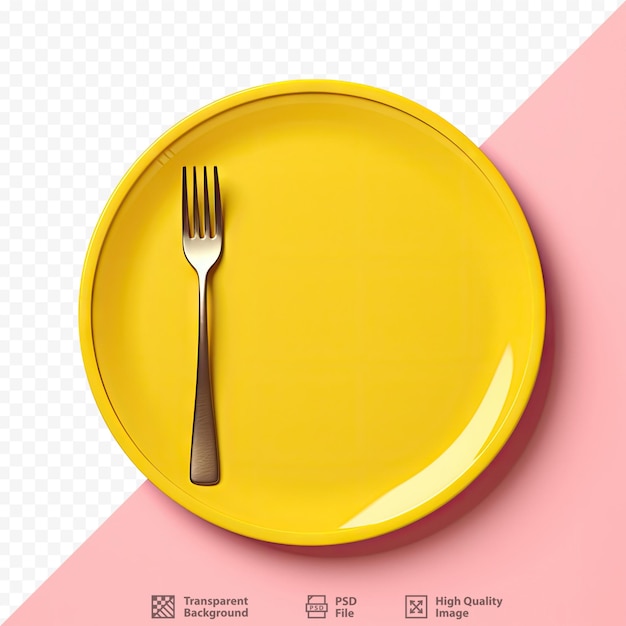 PSD un piatto giallo con una forchetta e una forchetta sopra