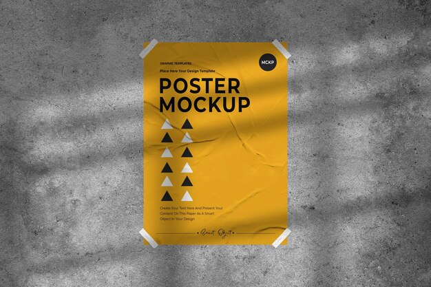 Yellow poster mockup with wrinkled effect and tape on wall texture background