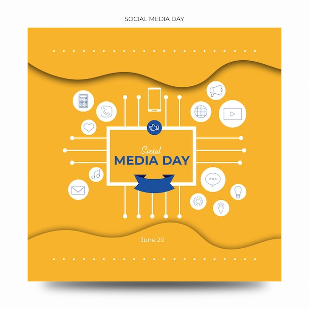 A yellow poster for social media day with icons and icons