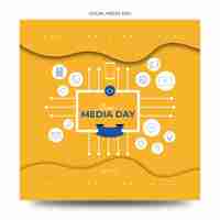 PSD a yellow poster for social media day with icons and icons.