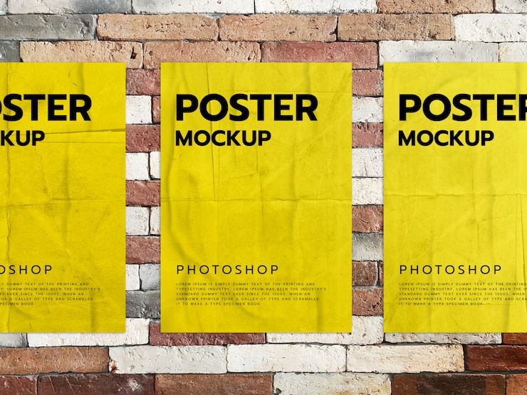 PSD yellow posters on a brick wall