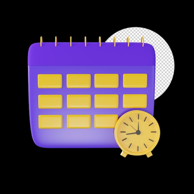 PSD icona 3d calendario e orologio giallo e viola su sfondo nero