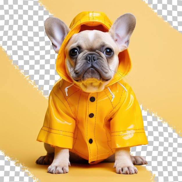 PSD yellow raincoat wearing french bulldog walking on the street