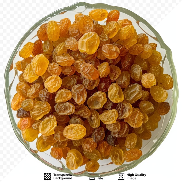 Yellow raisins in a transparent plate close up on a white isolated background isolated