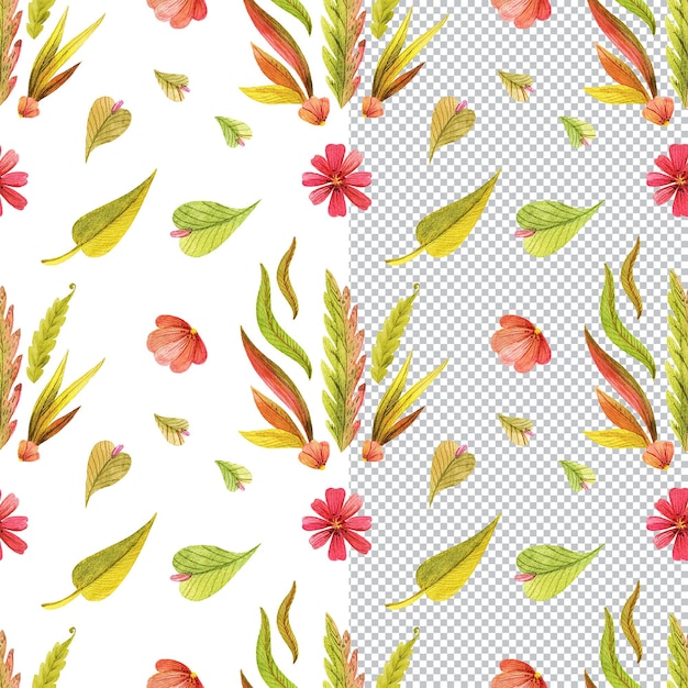 PSD yellow and red floral seamless pattern watercolor wild flowers in cottage style