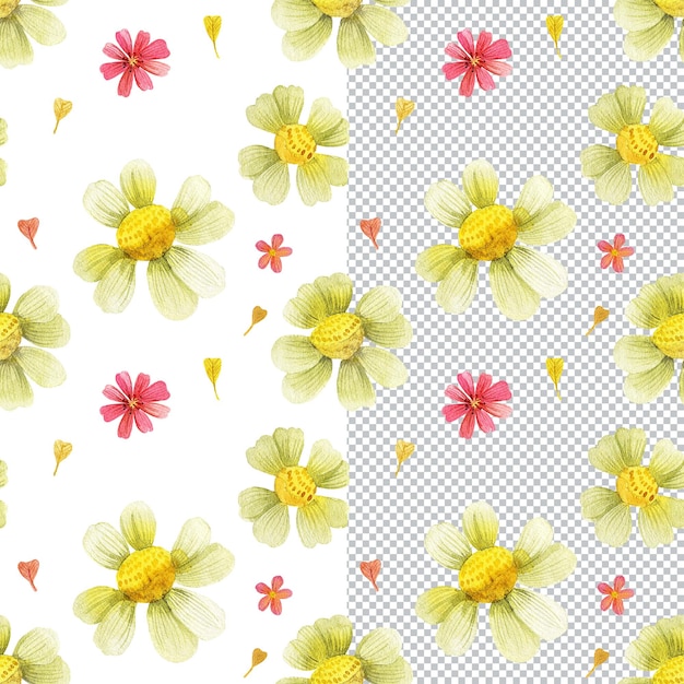 PSD yellow and red floral seamless pattern wild plants bouquets in cottage style botanical watercolor