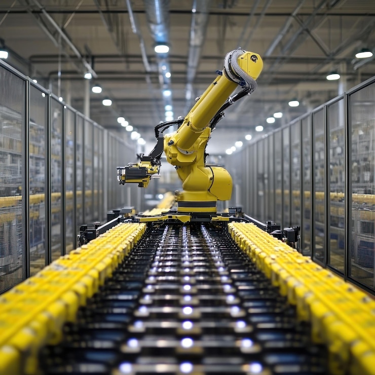PSD yellow robotic arm moving along a production line of yellow battery packs in a modern factory