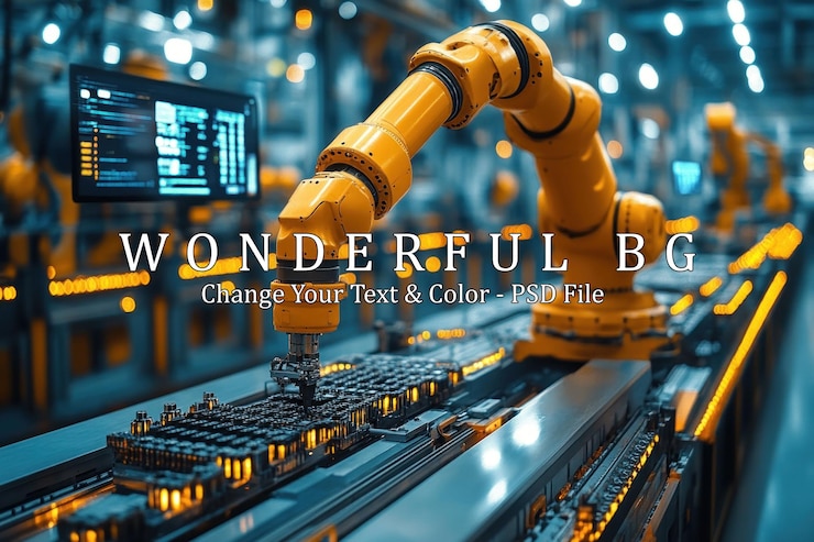 PSD yellow robotic arm working on a production line in a factory