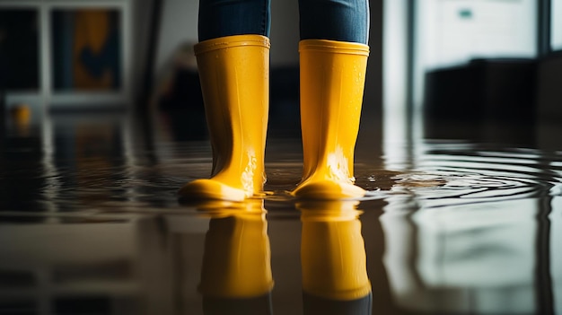yellow rubber boots standing in floodwater on a dark floor