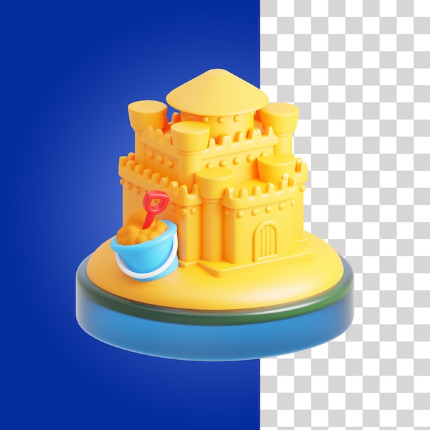 PSD a yellow sand castle with a bucket and shovel beside it