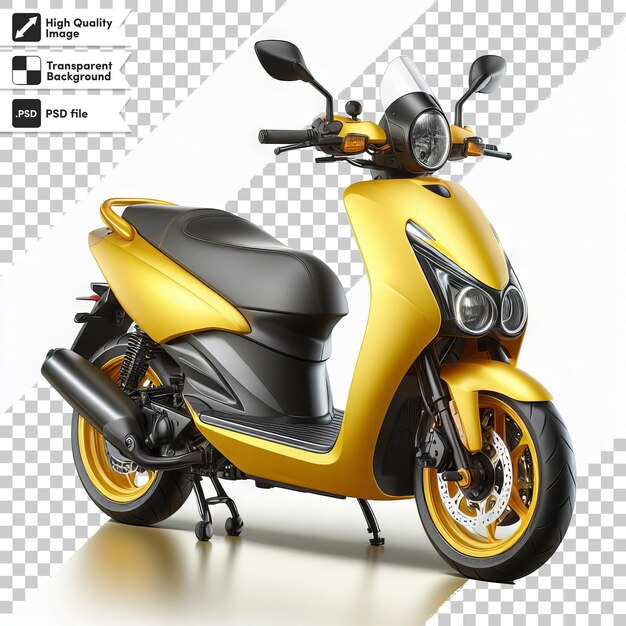 A yellow scooter is shown with a black background