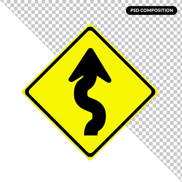 PSD a yellow sign with a curved arrow on it.