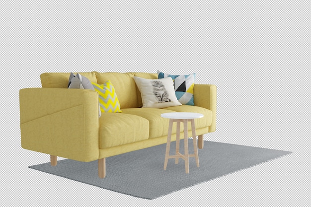 PSD yellow sofa and pillows in 3d rendering