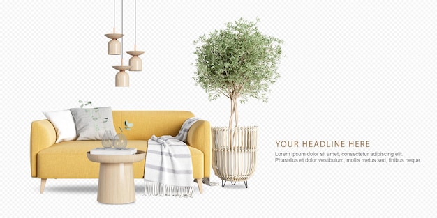 PSD yellow sofa and plant in 3d rendering