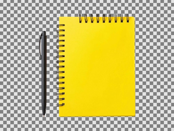 PSD a yellow spiral notebook and a pen