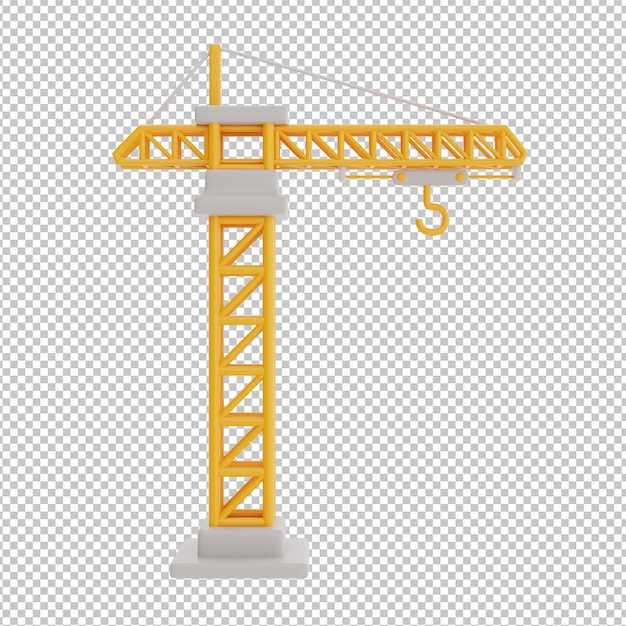 PSD yellow tower crane isolated on white background construction tools and equipment labor day 3d rendering