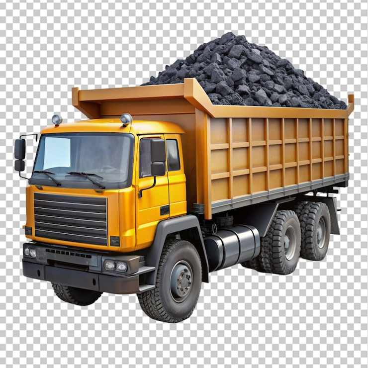PSD yellow truck on the road on transparent background