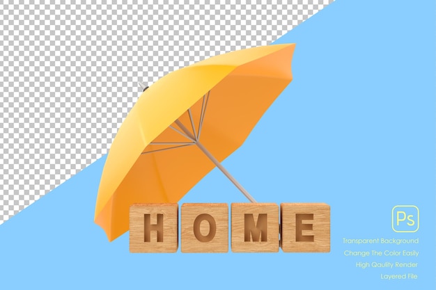 PSD 주택 보험 개념을 위해 집을 보호하는 노란 우산