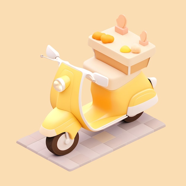 PSD a yellow vespa with a basket on it isometric style