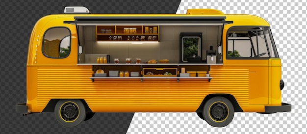 PSD yellow vintage food truck with menu board on transparent background stock png