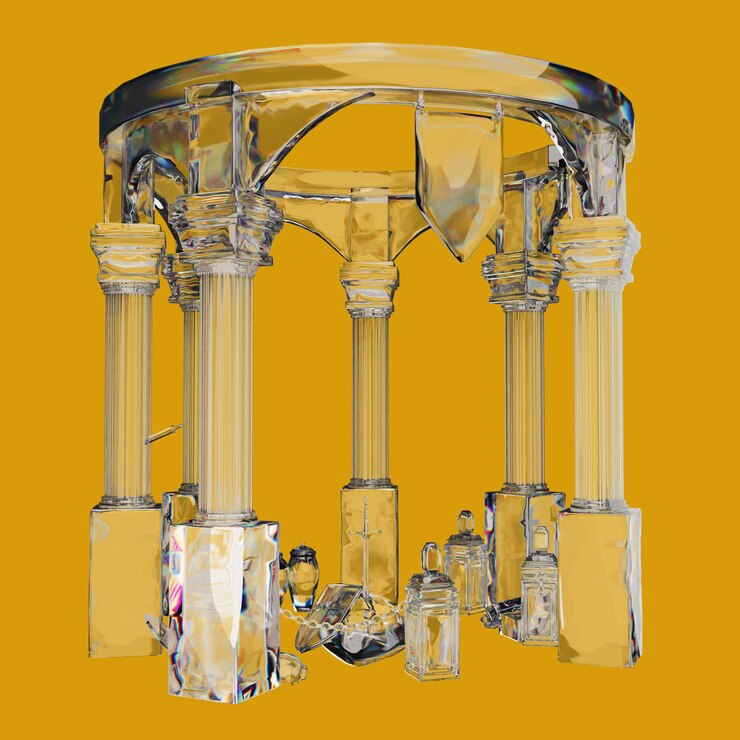 PSD a yellow wall with a picture of a glass sculpture with a picture of a glass and the word the e on it