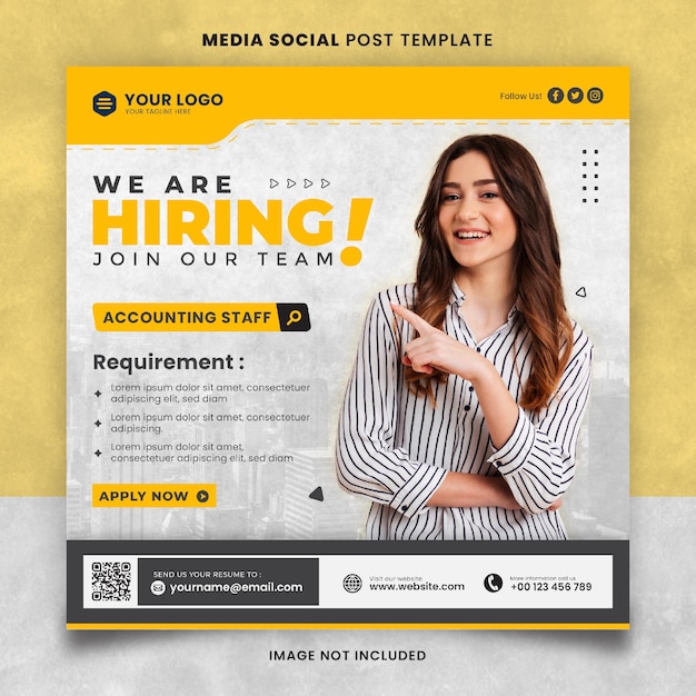 Yellow we are hiring job position social media post template