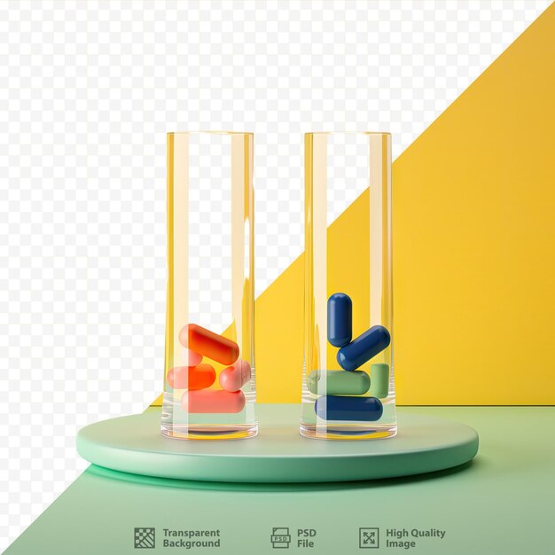 PSD yellow white and green tablets alongside red and blue liquids in a transparent glass vase a medicinal like substance for healthcare and covid epidemics