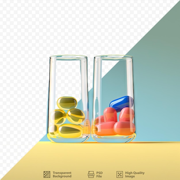 PSD yellow white and green tablets alongside red and blue liquids in a transparent glass vase a medicinal like substance for healthcare and covid epidemics