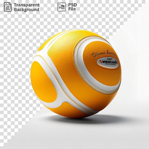 Un pallone da pallavolo giallo e bianco con un adesivo bianco e nero sul lato che proietta un'ombra scura