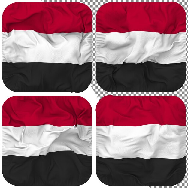 Yemen flag squire shape isolated different waving style bump texture 3d rendering