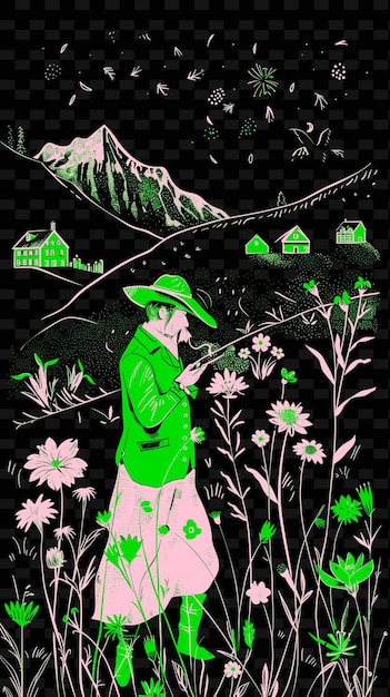 PSD yodeler na szwajcarskiej łące alpejskiej z dzikimi kwiatami i ilustracjami muzycznymi