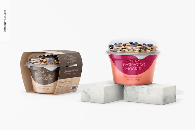 Yogurt cups with cereal mockup on podium