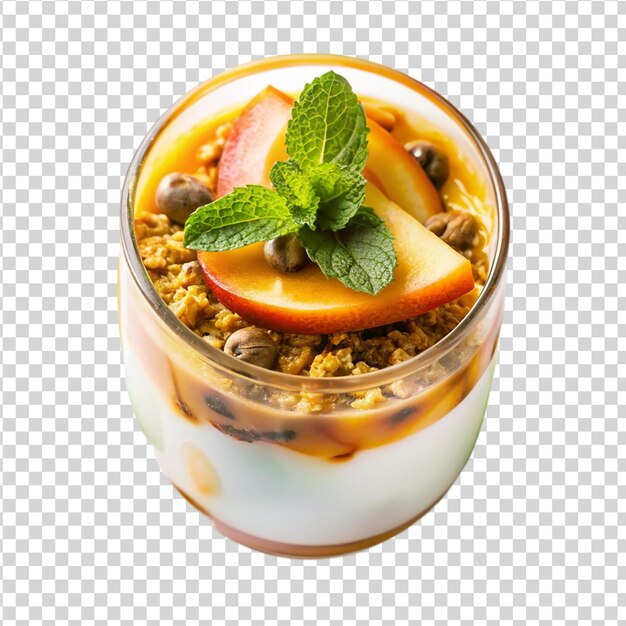 PSD yoghurt parfait con granola peach isolato su sfondo bianco