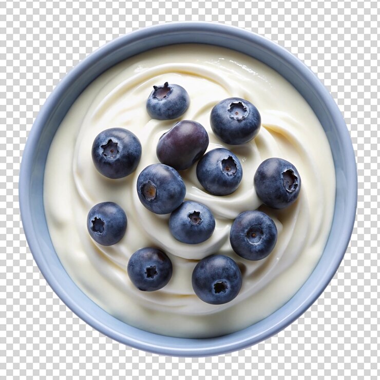 PSD yogurt topped with blueberries on white bowl top view on transparent background