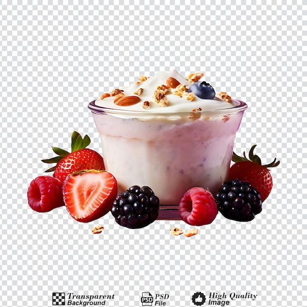 PSD yogurt with muesli and berries isolated on transparent background