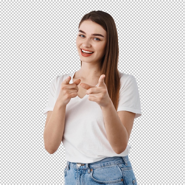 PSD you got this join us smiling assertive woman pointing at front inviting to work for company or to event praising good job well done gesture standing over white wall