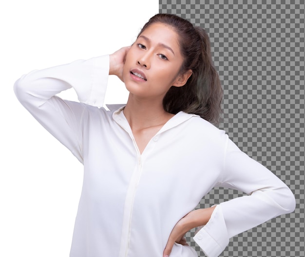 Young 20s asian woman wear white shirt black hair and look at camera, isolated. girl feel fresh happy in morning and raise hand to face. studio white background isolated half body