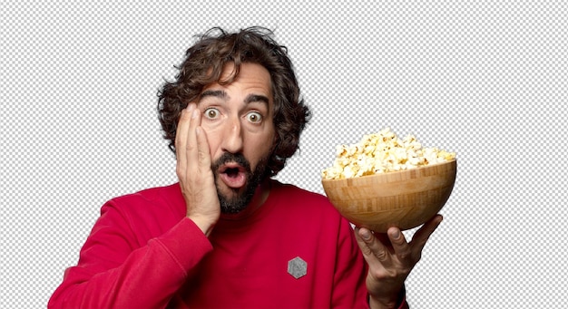 young adult bearded man popcorns and movie concept