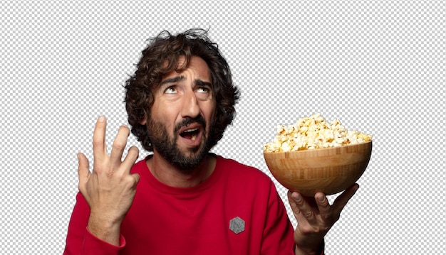 young adult bearded man popcorns and movie concept