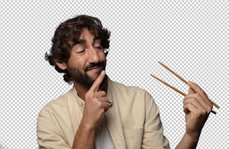 PSD young adult bearded man with chopsticks