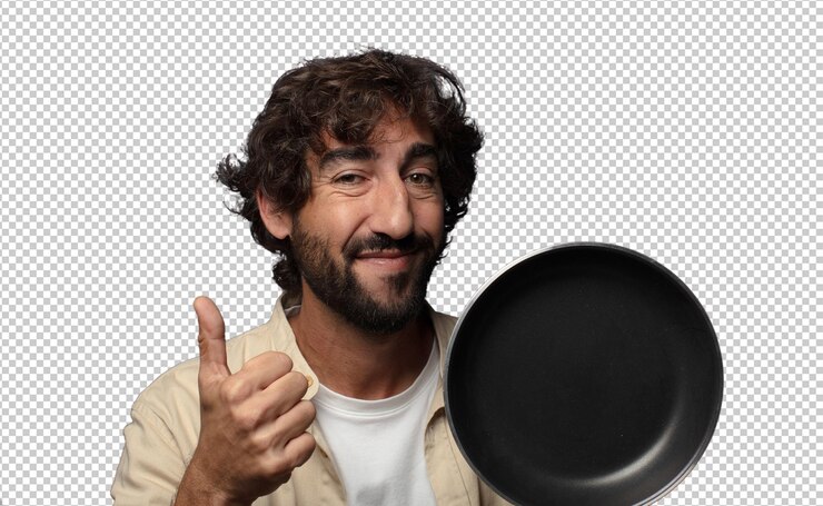 PSD young adult bearded man with a cooking pan