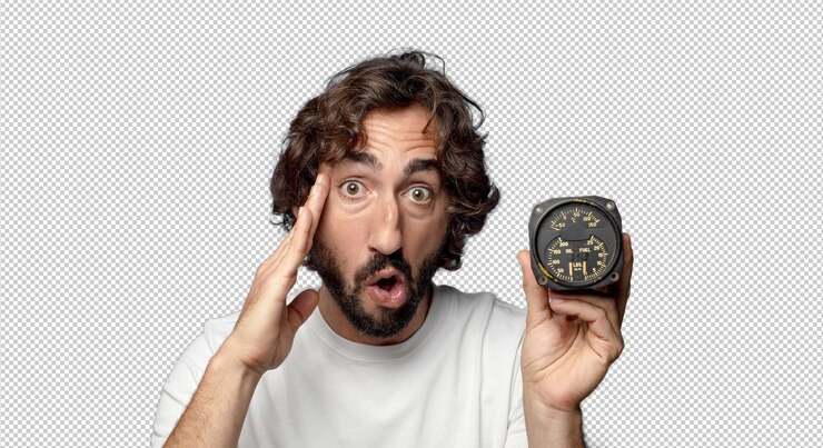PSD young adult bearded man with a fuel meter