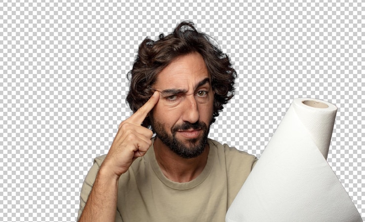 PSD young adult bearded man with a paper towel roll