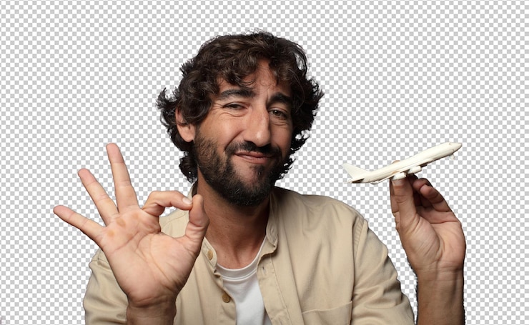 PSD young adult bearded man with a plane model
