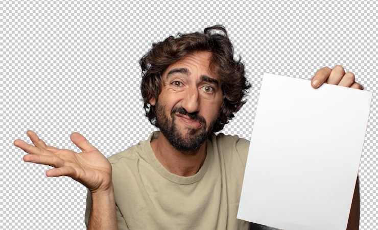 PSD young adult bearded man with a sheet of paper