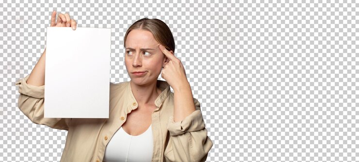 PSD young adult blonde woman holding a sheet of paper