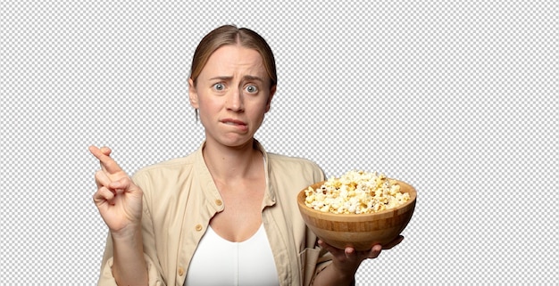 young adult blonde woman with popcorns