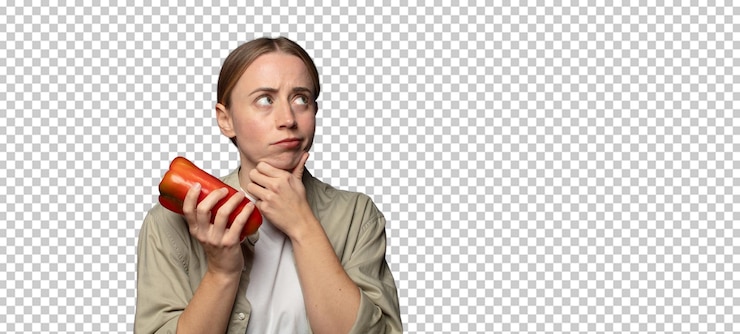 PSD young adult blonde woman with a red pepper